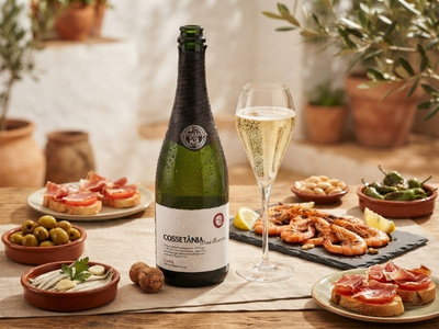 Cava Wein steht neben Essen auf Tisch